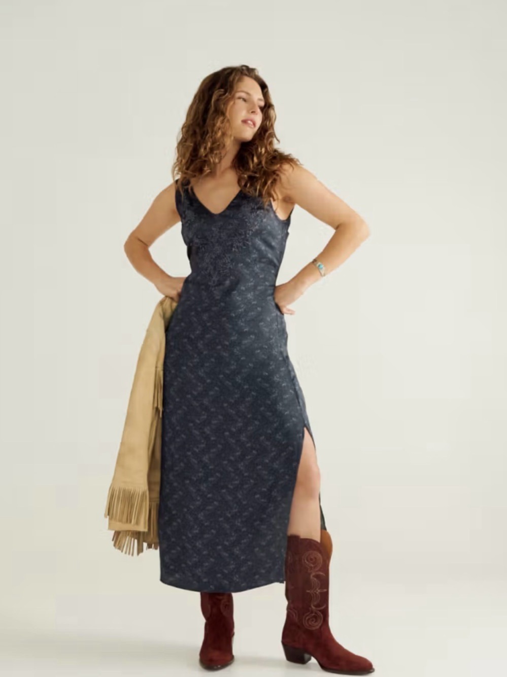 Sleeveless Navy Midi Slip Dress with Side Slit